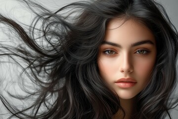 Radiant Portrait: A captivating close-up of a woman with flowing hair, her gaze intense, radiating natural beauty and confidence, portraying the essence of youthful vitality.
