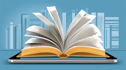 Open Book on Tablet with Bookshelf Background Illustration