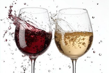 Wine Spectacle: The artistic movement of wine splashing from the glasses, revealing both red and white wine. A timeless embodiment of elegance. 