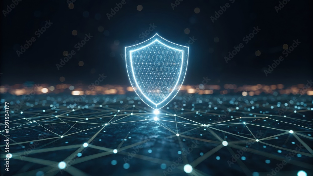 Poster glowing digital shield hovering above a complex abstract network with futuristic elements