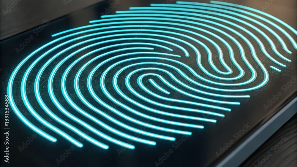 Poster abstract digital fingerprint pattern rendered in neon colors with textured background for security