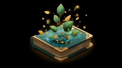 Open Book with Plant and Leaves Illustration