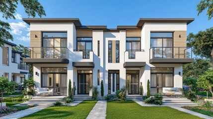 Modern Two Story Contemporary Townhouses with Balconies and Greenery
