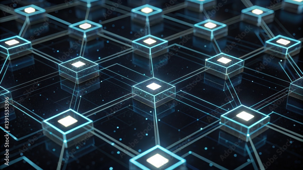 Poster abstract glowing interconnected digital cubes forming a complex network of hexagonal shapes