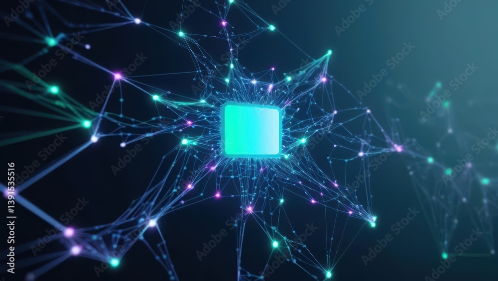 Poster abstract glowing neural network with central obscured node in a dark complex digital web