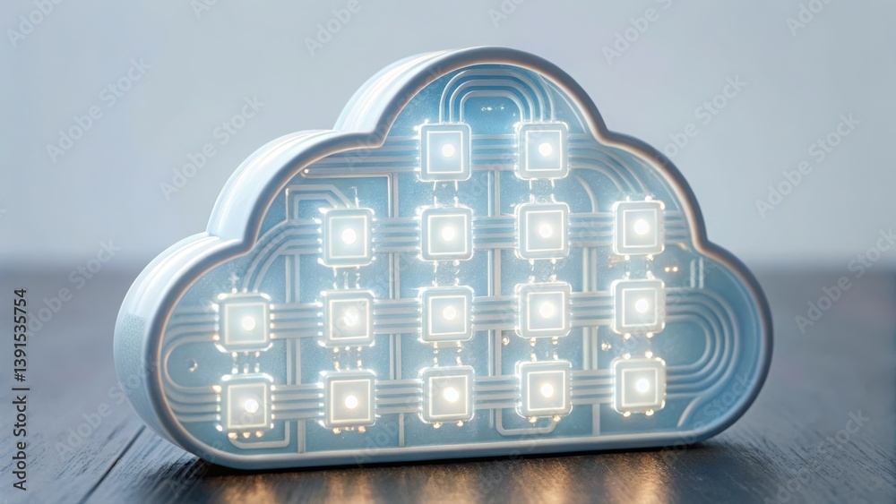 Poster abstract visualization of secure data within a cloud formed in the shape of a computer device