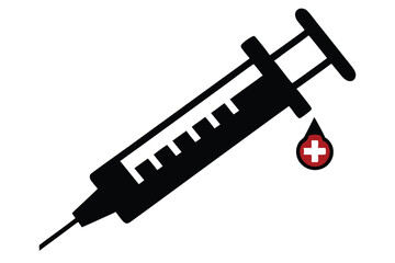 Syringe Black Silhouette Design with Red Drop and White Cross, Isolated On White