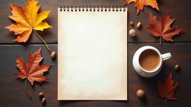 Autumn leaves with notepad and coffee on wooden table, cozy seasonal scene. Space for text