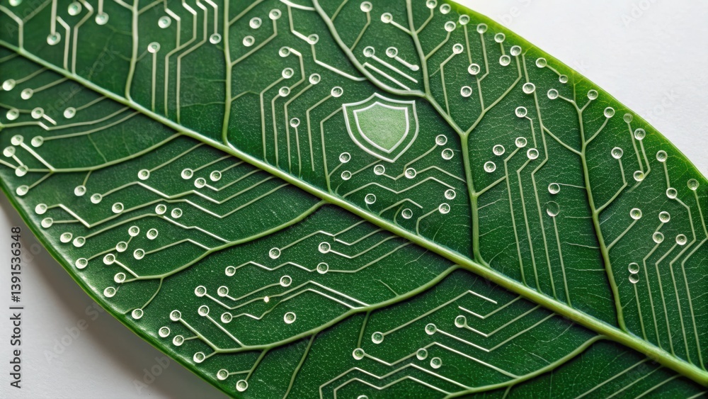 Poster cybernetic leaf with embedded circuits illustrating the intersection of nature and technology concep