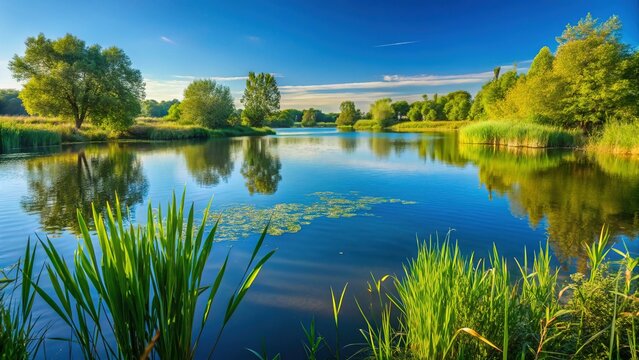 Serene Cotswold Water Park Lake:  Gloucestershire, England - Calm Waters, Summer Landscape