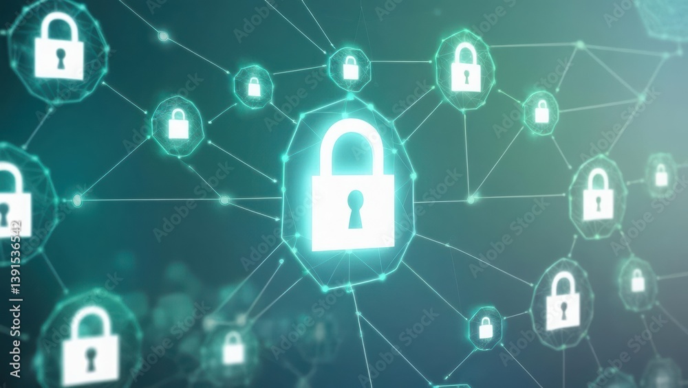 Poster a single lock surrounded by multiple connections in a network of encrypted data nodes glowing