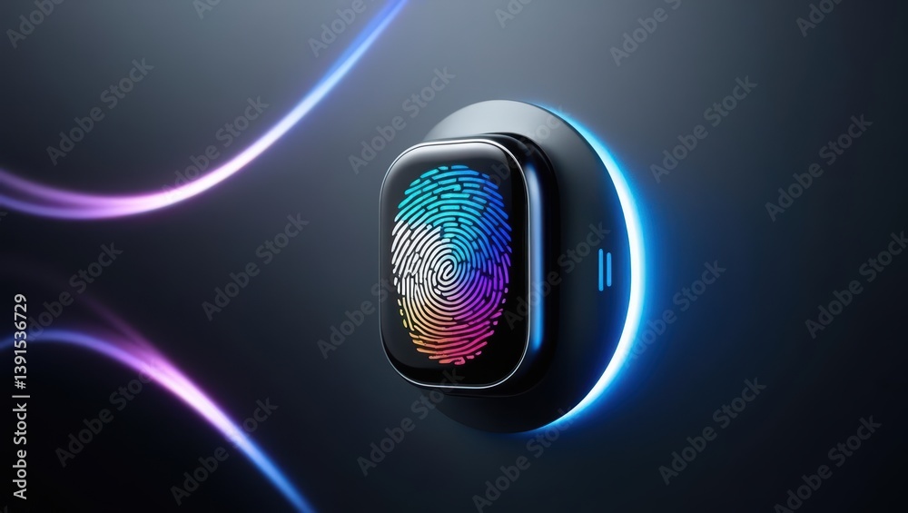 Poster digital fingerprint unlocking a secure interface on a dark futuristic background with light trails