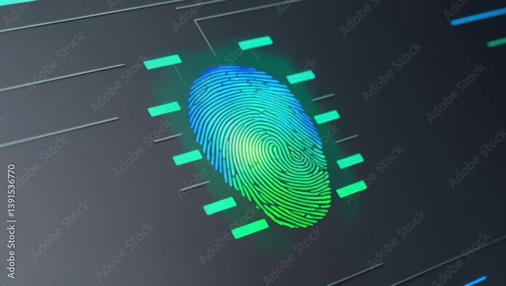 Poster digital scan lines creating a privacy lock inside a glowing fingerprint on a cyber interface screen