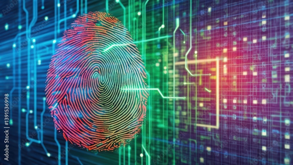 Poster intricate fingerprint imprinted on a digital background with neon circuit paths and firewall visuals