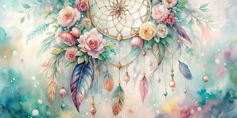 Serene Watercolor Dreamcatcher with Floral Feathers and Botanical Elements - Stock Photo