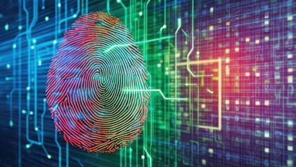 Intricate fingerprint imprinted on a digital background with neon circuit paths and firewall visuals