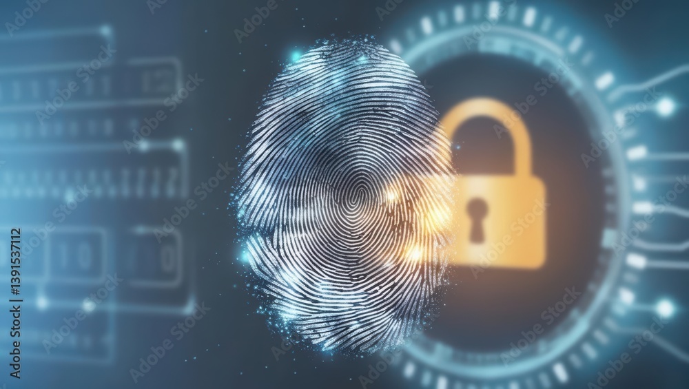 Poster visually striking fingerprint composed of glowing data particles set against a secure vault backgrou