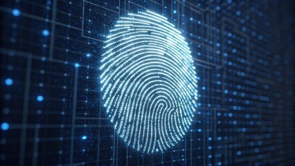 Striking fingerprint made of glowing particles on a wall with a fading digital background design