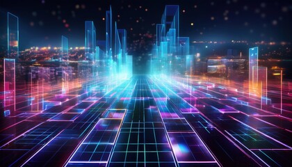 Vibrant cityscape illuminated by neon lights with a floating grid and interactive holographic elements
