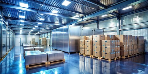 Sterile Industrial Freezer Room: Rows of Neat Frozen Boxes & Stainless Steel Freezer