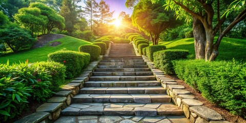 Stone Walkway Stairs Leading to Lush Green Garden, Outdoor Stock Photo