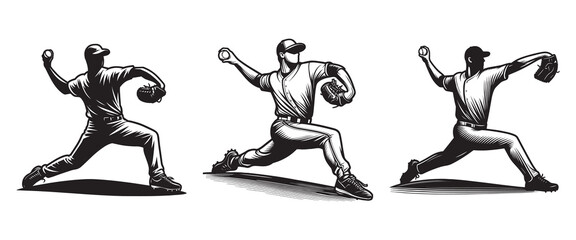 Set of Baseball Player throwing ball Silhouettes Vector Illustrations isolated on a white background
