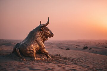 A detailed sculpture of a bull resting in the desert landscape
