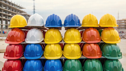 Brightly arranged helmets in construction site showcase safety and teamwork, essential for any building project