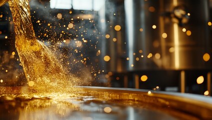 Golden beer pouring into a stainless steel fermenter.  A cascade of amber liquid pours into a large, round vessel.  Steam and effervescence are visible.  The brewery environment is in the background