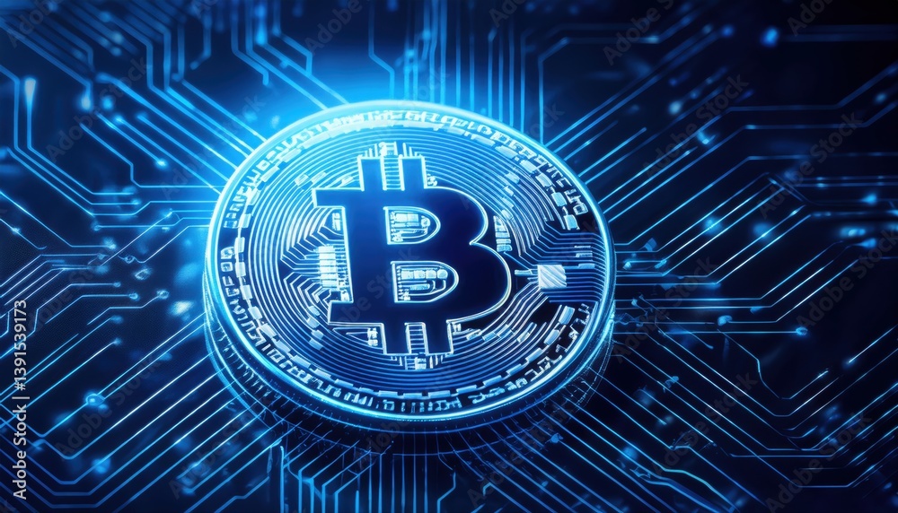 Poster bitcoin embedded on circuit board illustrating digital verification in decentralized systems