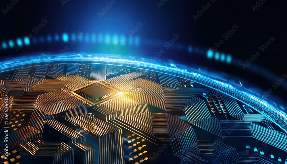 Poster circuit board with glowing light illustrating secure transaction verification in decentralized syste