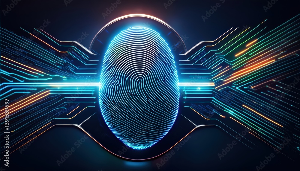 Poster digital fingerprint with glowing background unlocking secure interface in a dark futuristic setting