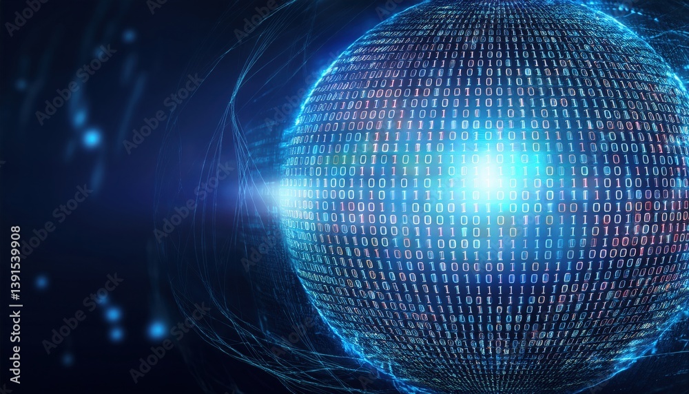 Poster protective sphere formed by flowing binary code surrounding glowing core in a digital environment