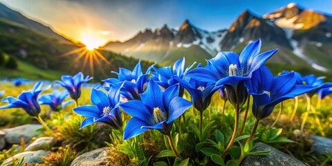 Vibrant Gentian Flowers Blooming in Alpine Meadow, Summer Wildflower Photography