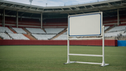 Obraz premium Empty Sports Stadium With Blank Display Board on Green Grass Field
