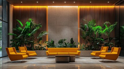 Minimalist hotel lobby featuring vibrant yellow chairs and lush greenery, exuding sophistication