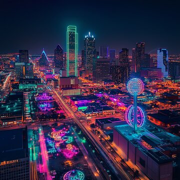 Vibrant night cityscape of Dallas, Texas. Illuminated skyscrapers, streets, and attractions create a dazzling urban panorama.