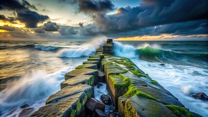 Weathered Stone Breakwater in a Rough Sea - Dramatic Coastal Landscape