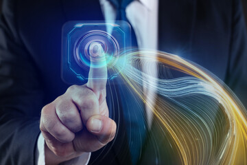 Businessman pressing futuristic email icon.