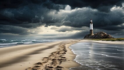 Fototapeta premium A serene beach scene under a bright, clear blue sky.