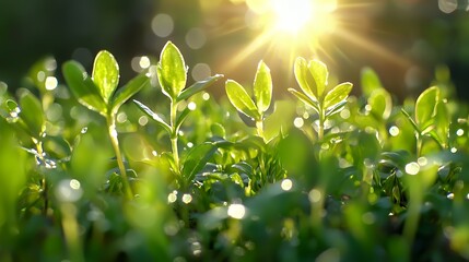 Emerging plants in sunrise light