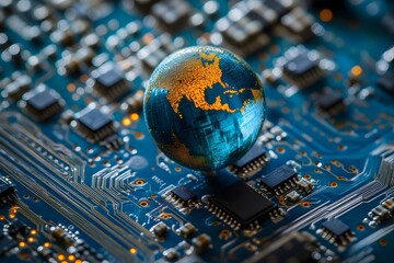 Globe on a blue circuit board suggesting global technology or interconnected systems.