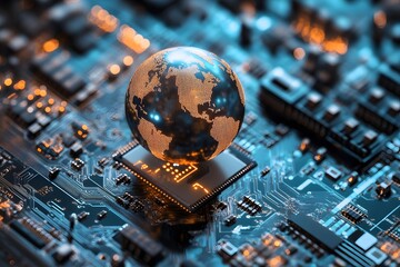 Globe resting on a computer chip over a circuit board technology concept.