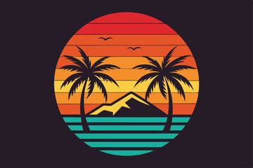 Retro Striped Sunset with Palm Trees, Ocean, and Mountain Silhouette Design, Birds