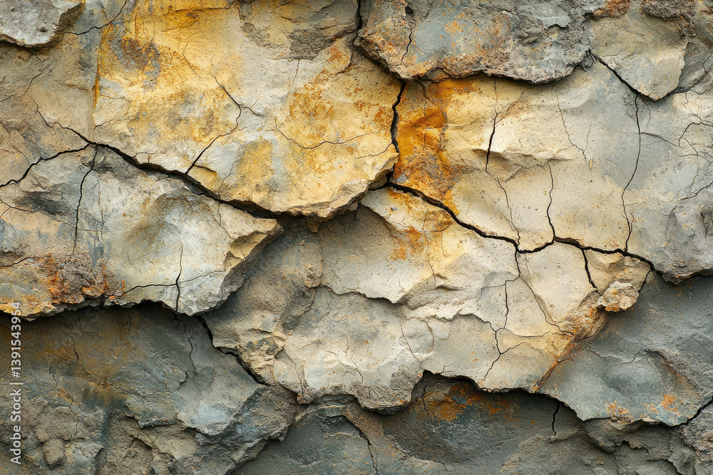 Poster Close-up view of cracked and weathered rock surface showing texture and color variations.