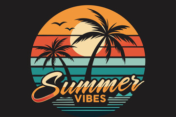 Retro Summer Vibes with Palm Trees, Sunset, and Birds in a Circular Badge Design