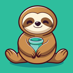 Obraz premium Adorable Sloth Cartoon Character Holding A Cup For Microstock Platforms