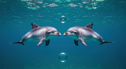Obraz premium Two dolphins swimming gracefully underwater, surrounded by bubbles in a serene ocean environment - dolphin fish image