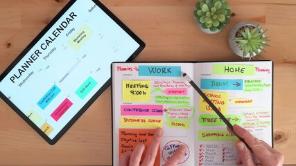 Top view of a manager organizing work and personal appointments, writing on a notebook and checking a digital calendar on a tablet, creating a productive schedule