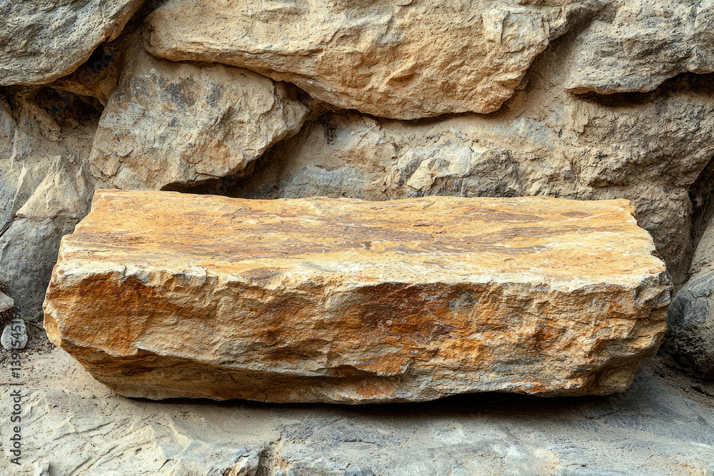 Poster a large, flat, rectangular rock rests on a bed of smaller rocks, creating a natural, rustic scene.